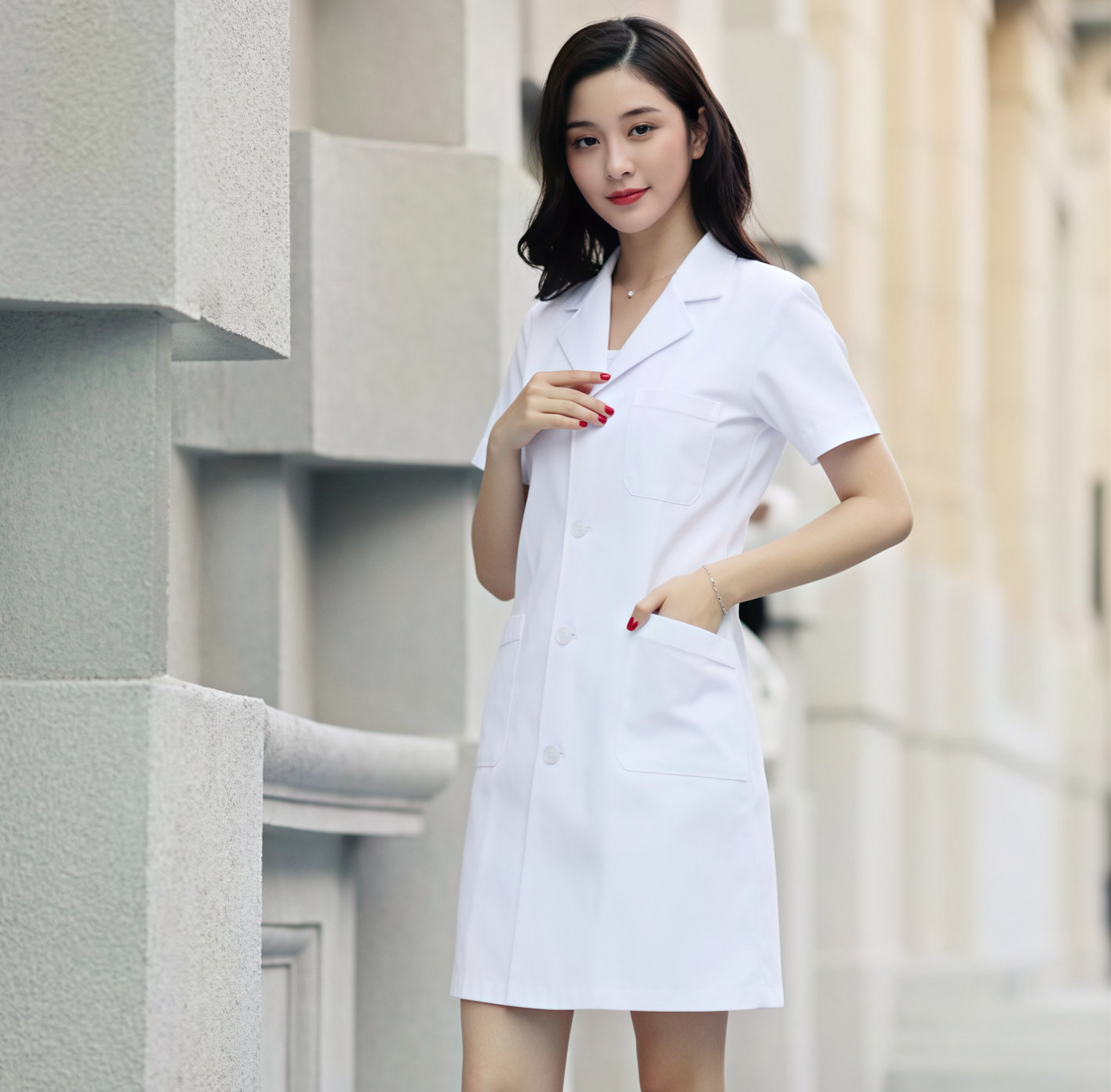 HT029-001夏季女医生服短袖长款涤棉平纹大褂