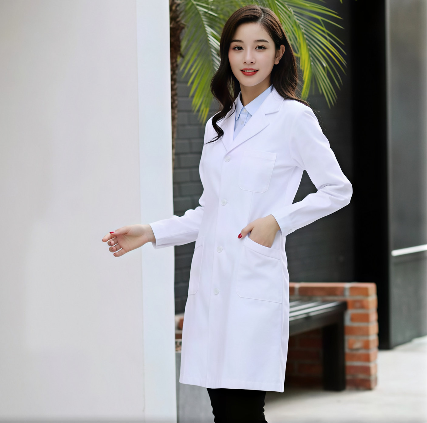 HT029-002春秋女医生服长袖长款涤棉厚斜纹大褂