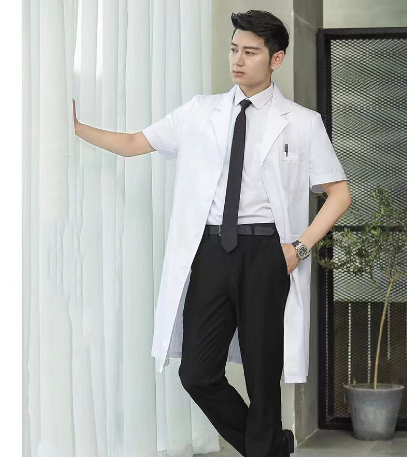 HT029-003夏季男医生服短袖长款涤棉平纹大褂