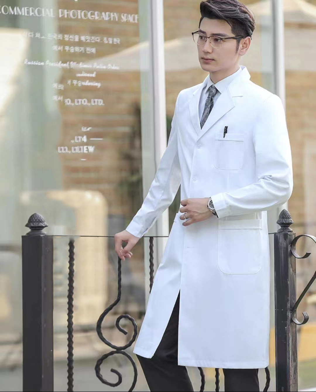 HT029-004春秋男医生服长袖长款涤棉厚斜纹大褂