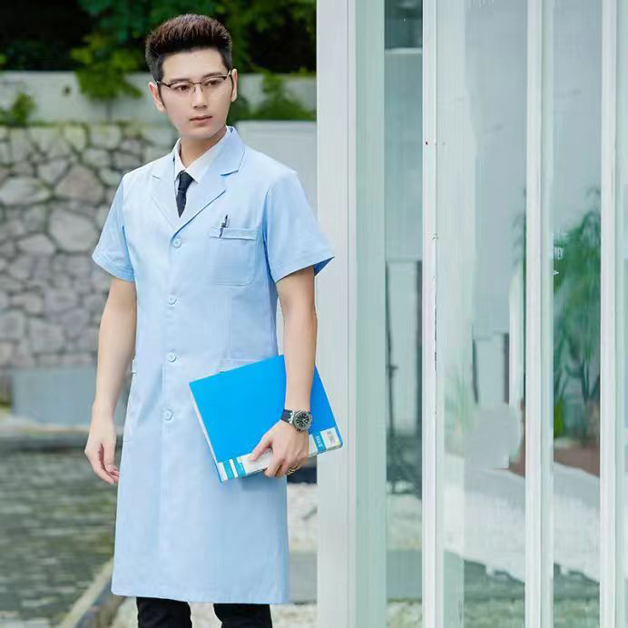 HT029-005夏季男医生服短袖长款涤棉平纹大褂